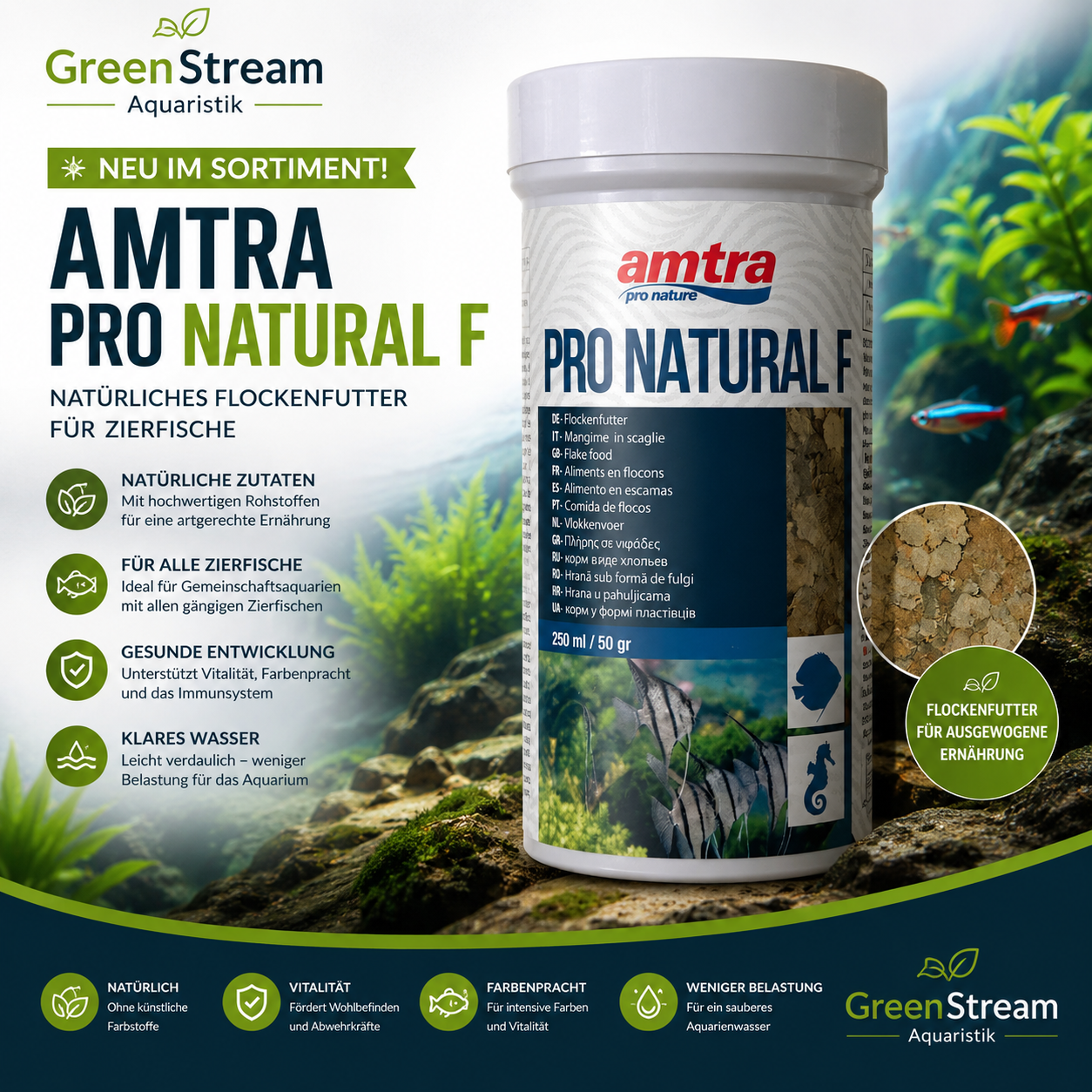 Fischfutter - Pro Natural Flake Feed - Amtra 250 Ml /50 Gr